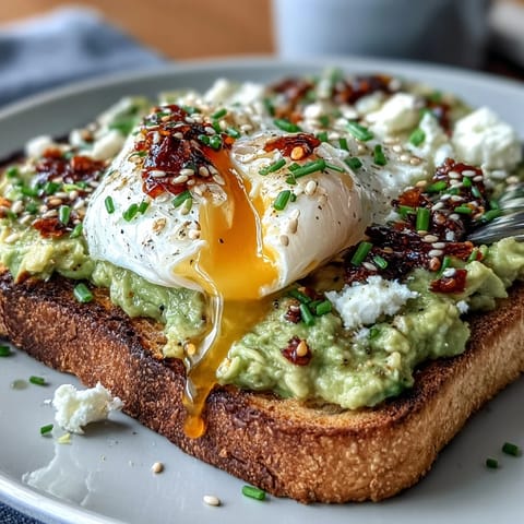 Creamy avocado spread on golden sourdough toast, topped with a perfectly poached egg and a spicy chili crisp drizzle for a vibrant breakfast.