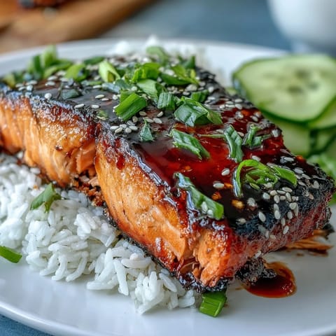 A vibrant salmon teriyaki bowl with glazed fish, steamed rice, edamame, and fresh cucumber slices.