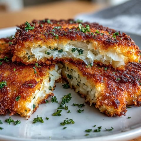 Crispy golden-brown cabbage schnitzel slices served with fresh parsley and lemon wedges on a rustic wooden board.