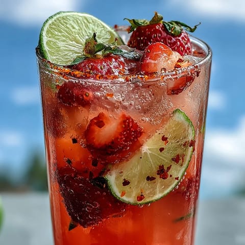 Refreshing Fricy Strawberry Chili Limeade Mocktail with muddled strawberries and a spicy kick.