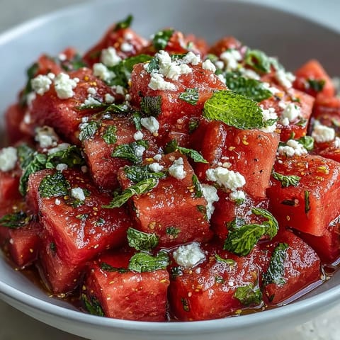 Chilled watermelon chili lime salad glistening with lime juice, mint, and a hint of spice.