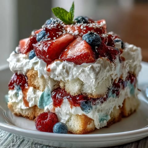 Red White Blue Berry Trifle: fluffy angel food cake, fresh berries, sweet cream layers.