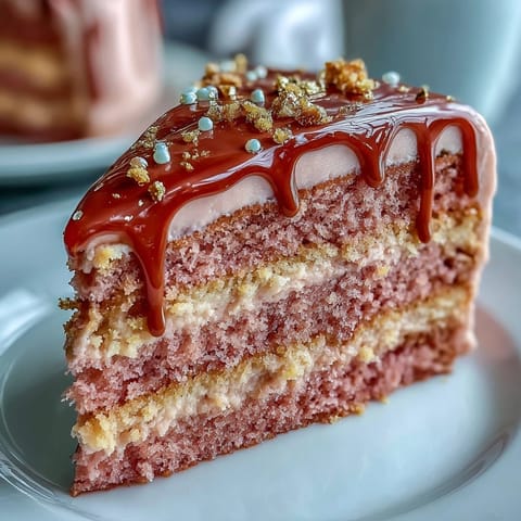 Breathtaking pink Rosé Velvet Cake adorned with an impressive edible gold glaze.