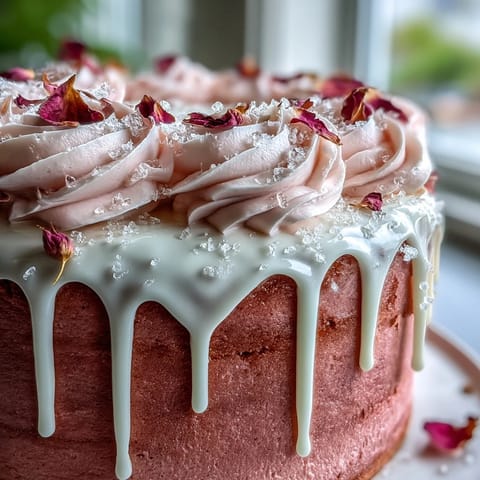 Elegant Bridal Shower Rosé Velvet Cake with shimmering gold drip.