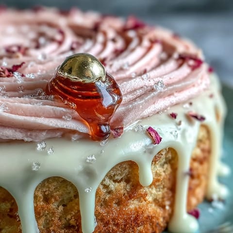 Soft pink velvet cake, elegantly drizzled with edible gold for celebration.