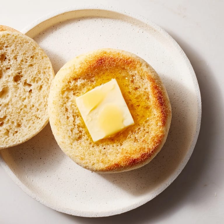 Warm, toasted sheet pan English muffins, ideal for breakfast, with butter melting on top.