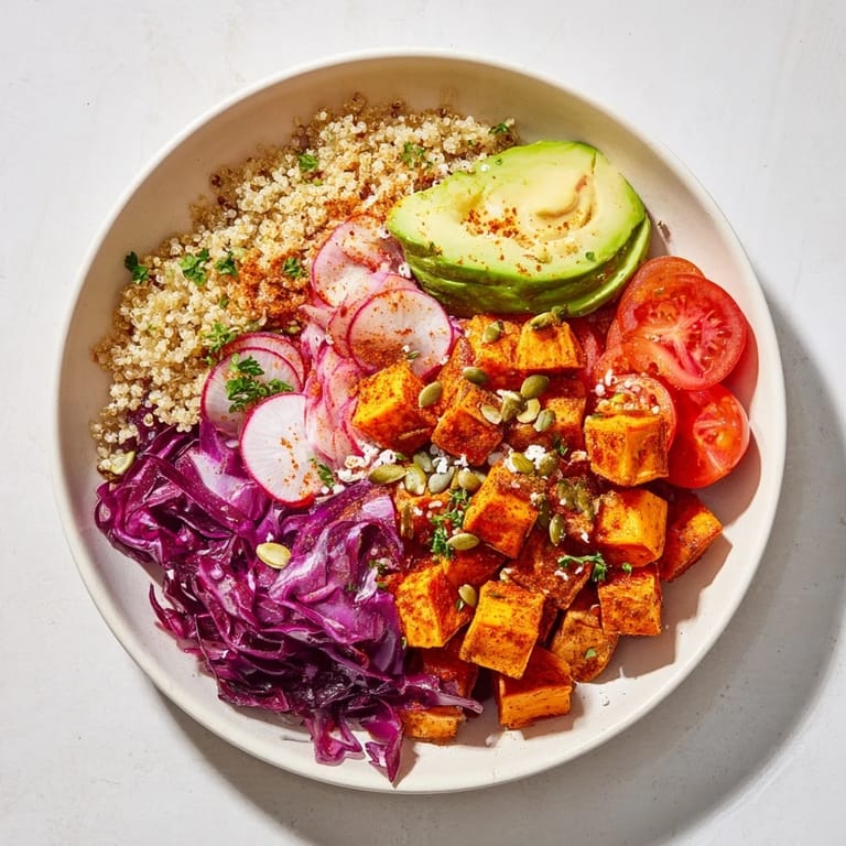 A close-up of a Complete Veggie Bowl showcasing roasted sweet potatoes and creamy tahini dressing.