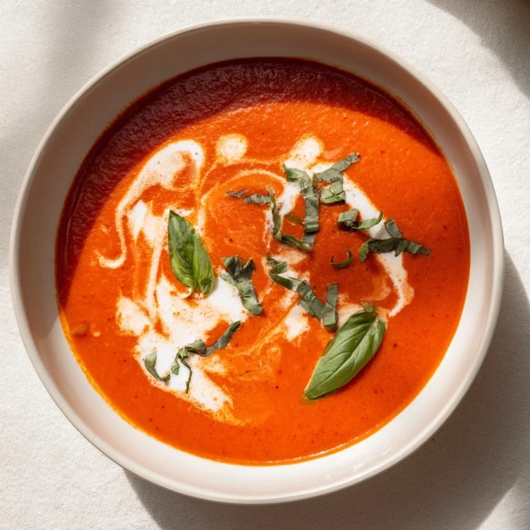 A bowl of vibrant Comfort Soup, the best tomato and basil, topped with a swirl of cream.