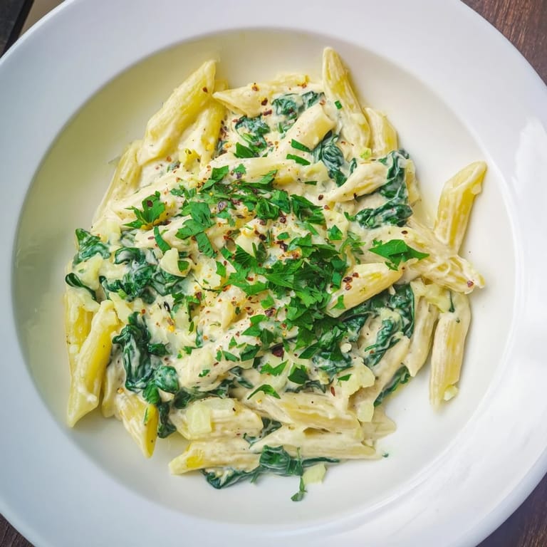 A close-up of The Magic Casserole revealing a creamy spinach pasta with melted cheese topping.