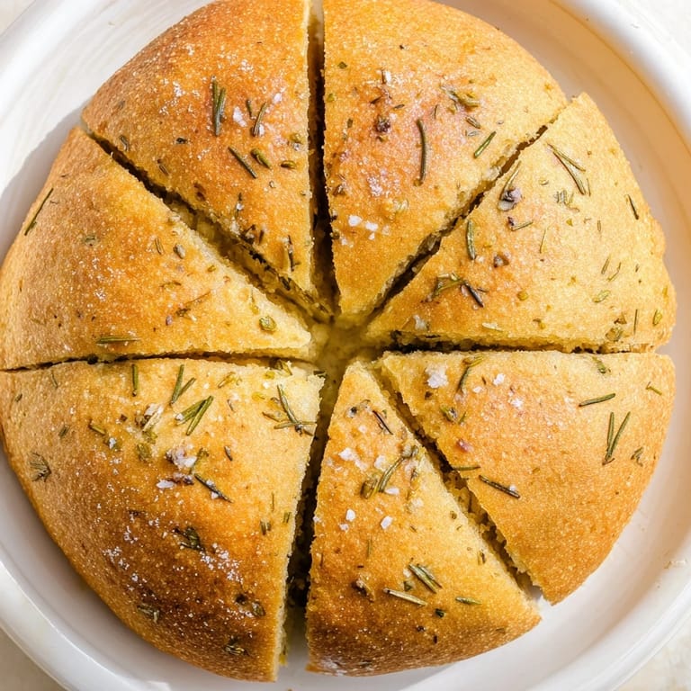 Crusty-topped Yeast-Free Garlic and Rosemary Bannock Bread, tempting with herbs, ready to serve as a snack.