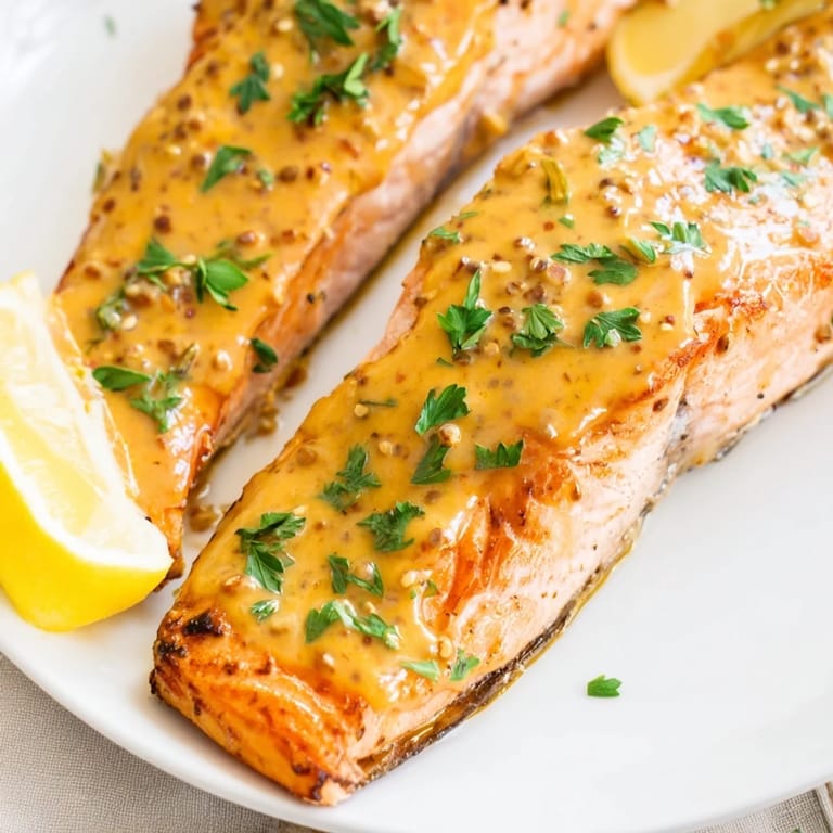Imagine the flaky texture: Honey Mustard Glazed Salmon, featuring luscious salmon fillets in a sweet and savory sauce.