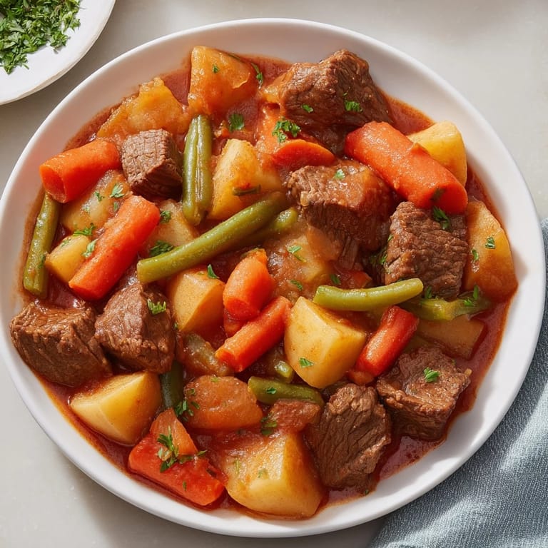 Thick, flavorful beef and vegetable stew, ready to enjoy with a side of crusty bread.