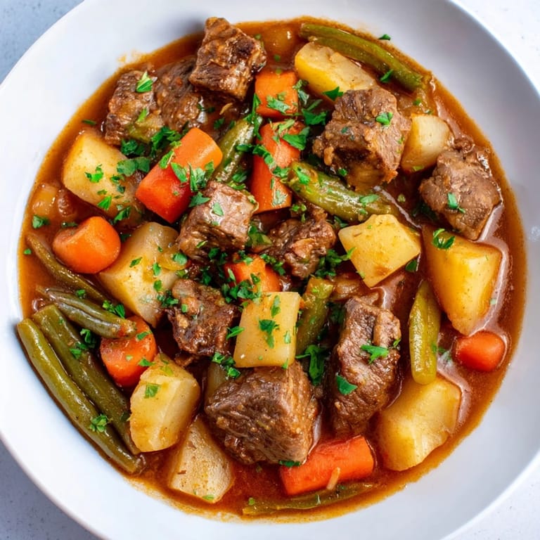 Hearty beef and vegetable stew, brimming with tender chunks of beef and vibrant vegetables.