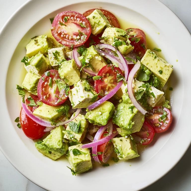 This refreshing Fresh Cucumber, Tomato, and Avocado Salad with Feta offers a burst of summery flavors.