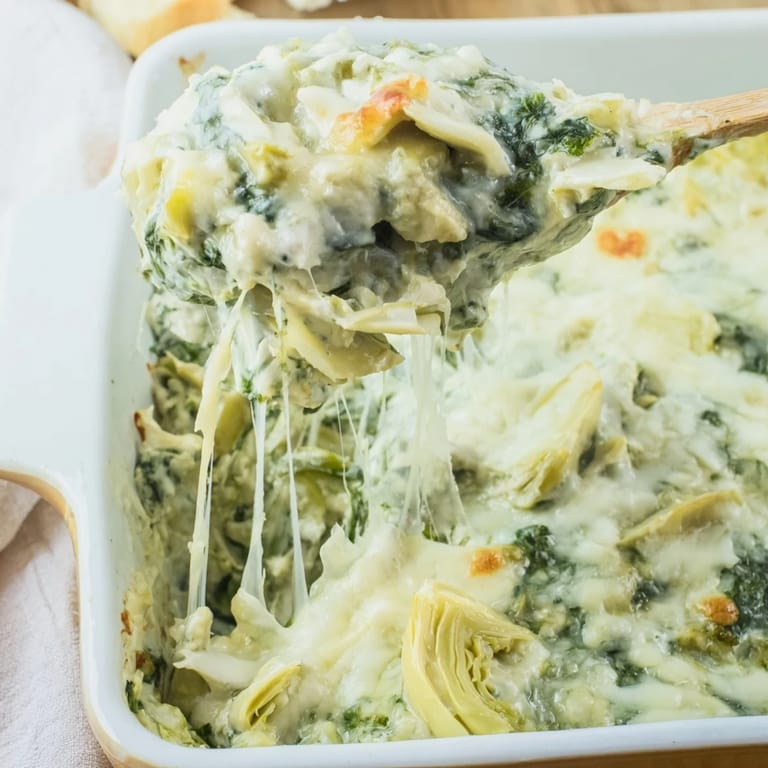 Cheesy Warm Spinach and Artichoke Dip bubbling in a baking dish, promising a comforting appetizer.