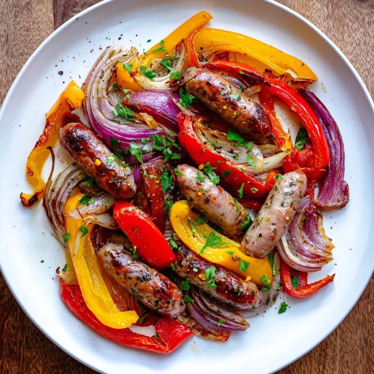 Enjoy a colorful plate of roasted Italian sausage, peppers, and onions ready in under an hour.