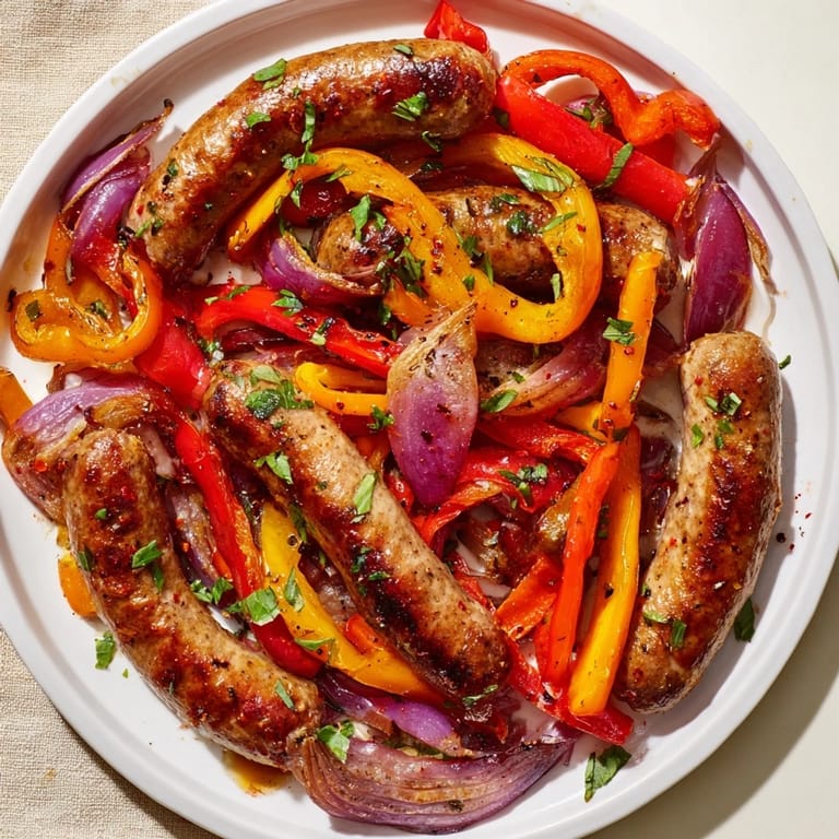 Sheet pan roasted Italian sausage, bell peppers, and onions, sizzling with herbs and spices.