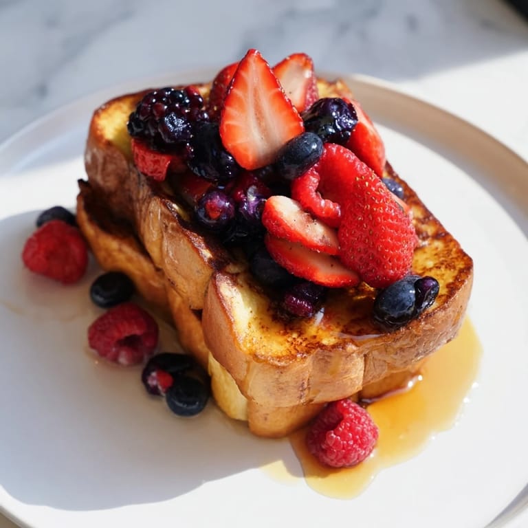 Classic French toast recipe, boasting a delightful combination of warm, syrupy flavors and fresh fruit.