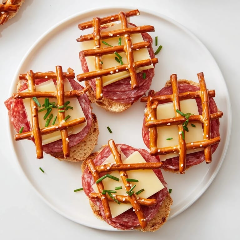 Enjoy the Lattice Window, a visually striking appetizer with salty pretzels, cured meats, and delicious cheeses.