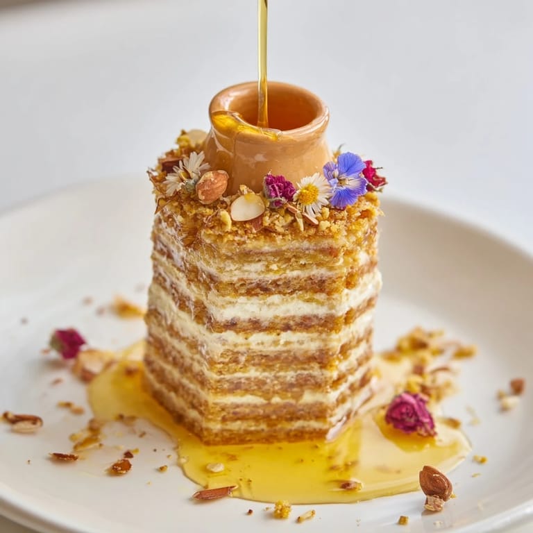 The Honey-Drip: a visually stunning dessert, layered cake surrounding a flowing honey pot, delicious and interactive.