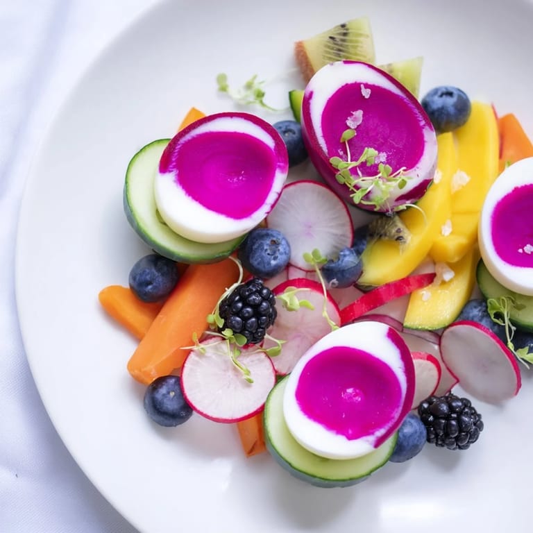 A gorgeous overhead shot showcases the artful arrangement of The Neon Night, featuring a black board filled with vivid appetizers.