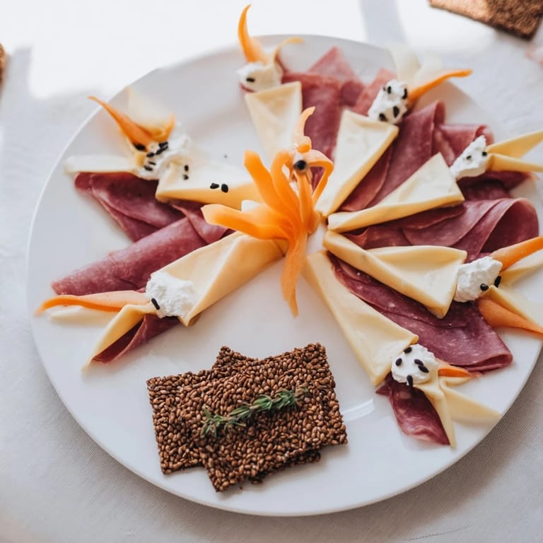 Beautifully arranged Paper Crane appetizer, offering a stylish mix of savory cured meats and crackers.