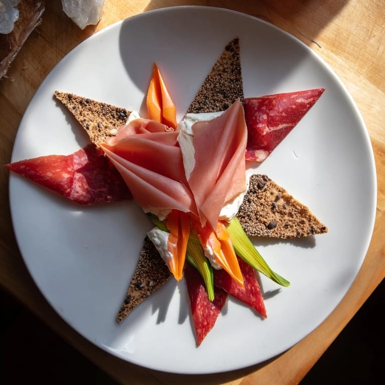 Stunning overhead shot of a Paper Crane appetizer, featuring elegantly folded meats and crackers.