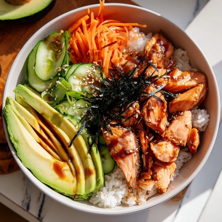 A steaming bowl of comforting Japanese-Style Salmon & Chicken Rice with glistening salmon and avocado, ready to enjoy.