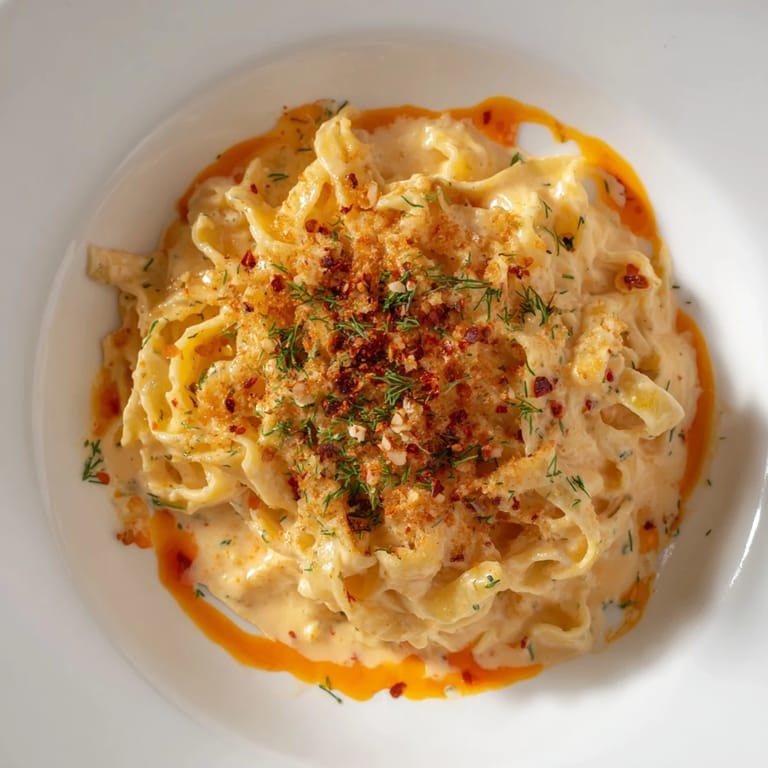 Steaming Turkish Pasta with Paprika Butter topped with fresh herbs, offering a warm and inviting aroma.