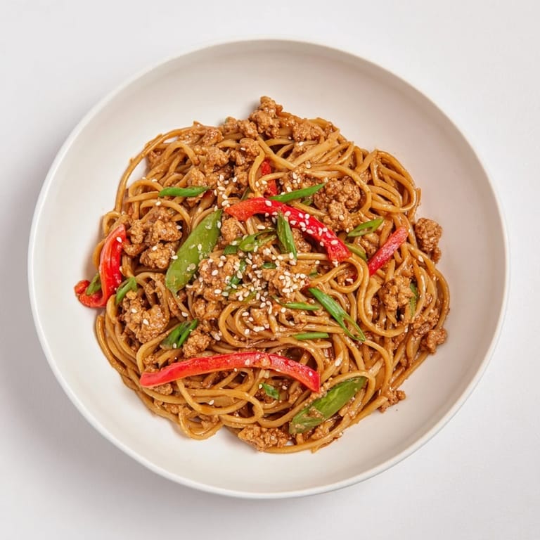 A close-up view of the savory Sesame Hoisin Ground Chicken Pasta, perfect for a quick, flavorful weeknight meal.