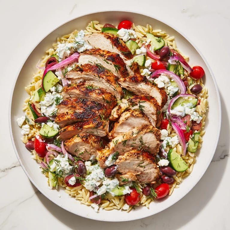 This photo features delicious Greek Chicken Gyro Pasta Bowls with vibrant colors and a tangy yogurt drizzle.