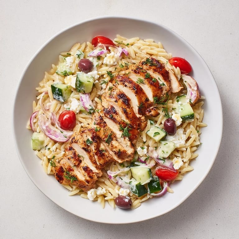 Enjoy a colorful photo showing Greek Chicken Gyro Pasta Bowls with juicy tomatoes and tender grilled chicken.