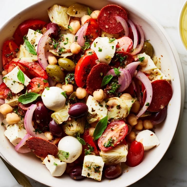 A bowl filled with colorful Antipasto Chickpea Salad, perfect for a light lunch or appetizer.