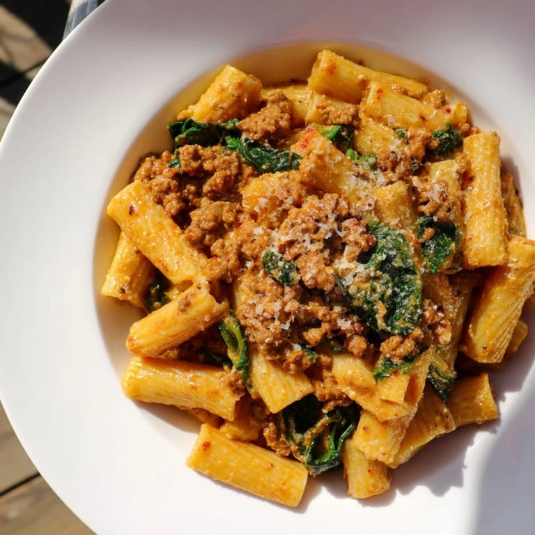 A close-up of a flavorful One-Pot Italian Sausage Tomato Pasta dish, ready to serve with Parmesan.