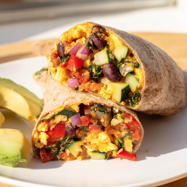 Golden scrambled eggs and vibrant veggies in a Veggie-Loaded Breakfast Burrito, a perfect morning meal.