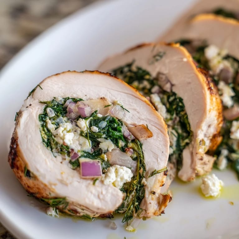 Perfectly rolled Spinach Feta Stuffed Chicken served with fresh herbs, a delicious Greek meal.