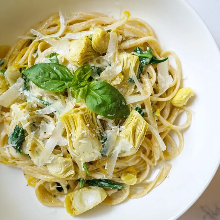 Vibrant image of Creamy Lemon Artichoke Pasta, capturing the taste of the Mediterranean with artichokes.