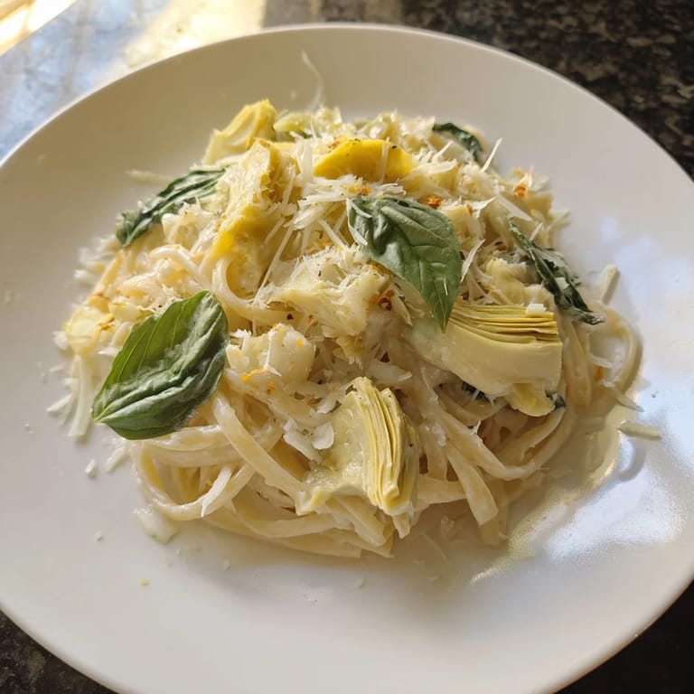 Elegantly plated Creamy Lemon Artichoke Pasta, featuring a creamy sauce and fresh basil garnish.