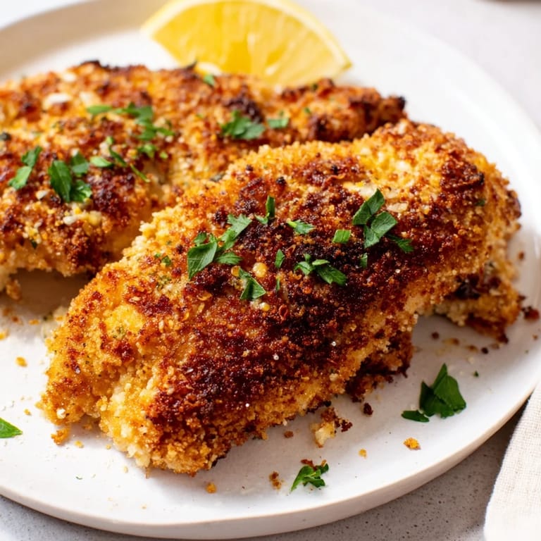 Warm, flavorful Crispy Parmesan Chicken Cutlets, ready alongside lemon wedges for bright flavor.