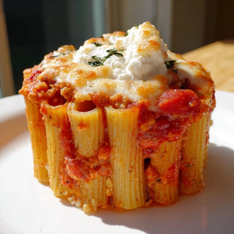 A close-up of golden brown Baked Ziti Cups, ready to enjoy with a melty cheese topping—delicious!