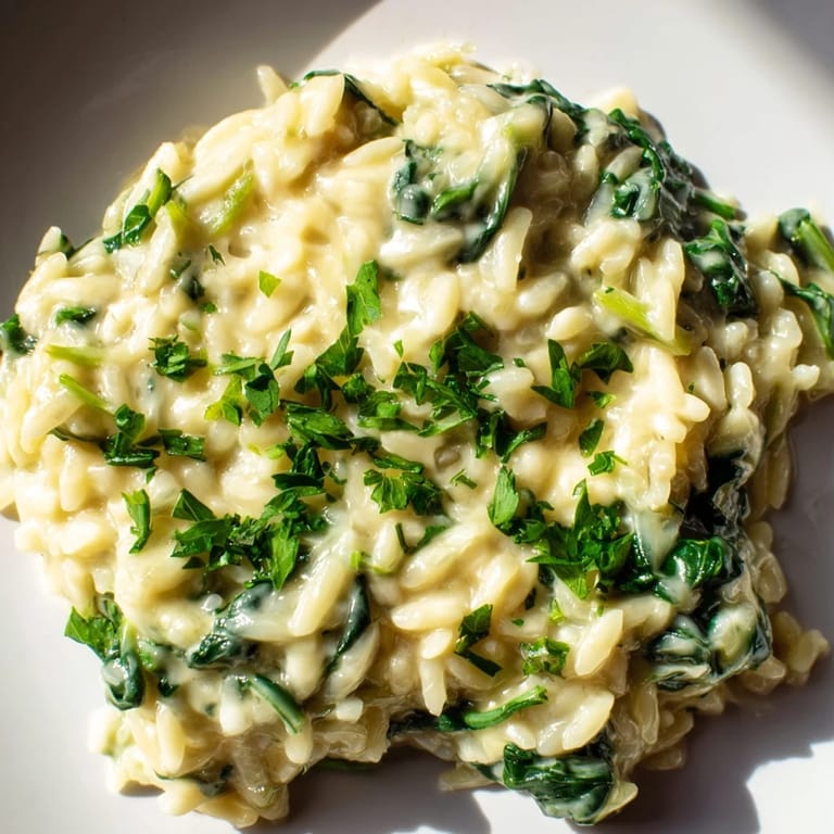 A close-up shot of rich and vibrant One-Pot Creamy Orzo, perfect for an Italian-inspired dinner.