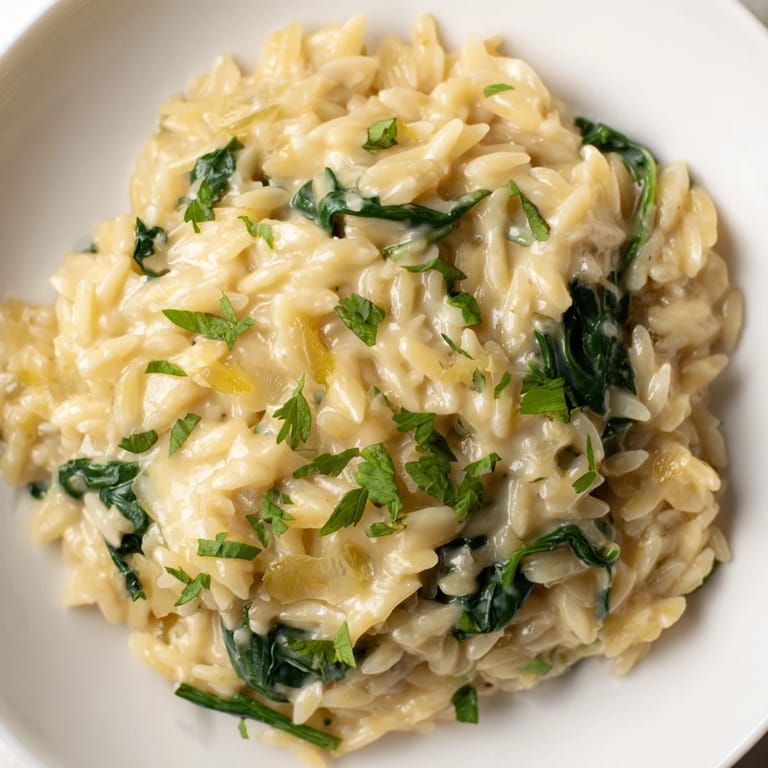 Glimpse the inviting steam rising from a bowl of One-Pot Creamy Orzo, ready to serve and enjoy.