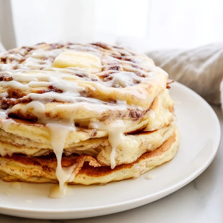 Close up revealing the cinnamon spice within those delicious homemade Cinnamon Roll Pancakes.