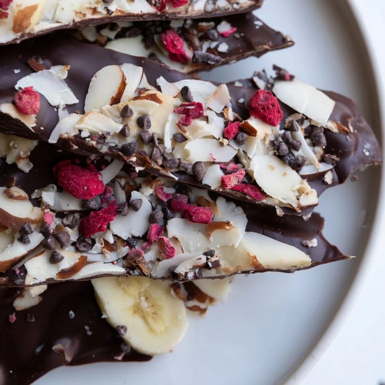 Melted chocolate covers banana slices in this inviting image of Chocolate Banana Bark, ready to freeze.