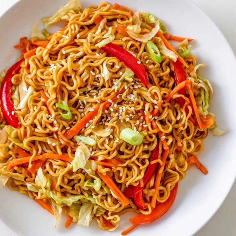 A steaming bowl of Spicy Ramen Stir Fry featuring colorful vegetables and perfectly cooked noodles in a savory glaze.