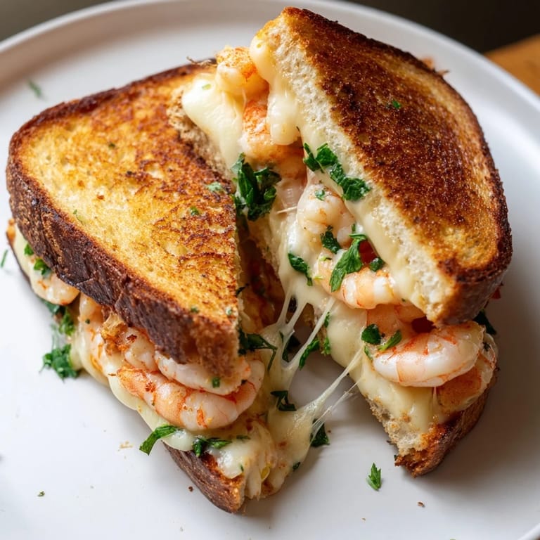 Toasted sourdough surrounds the flavorful Quick Shrimp Grilled Cheese, a pescatarian delight served warm.