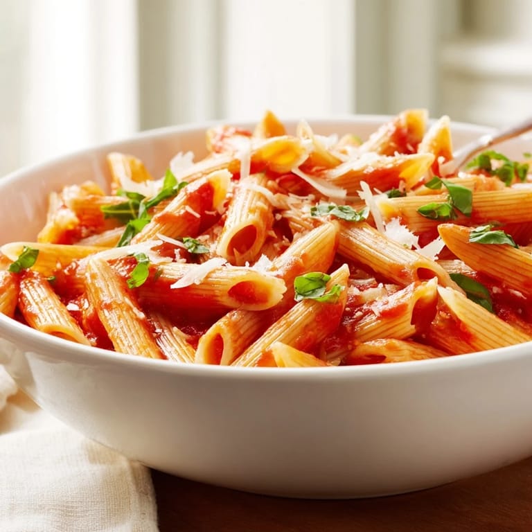 A single serving of microwave bowl pasta, tossed with rich red marinara sauce, perfect for a quick lunch.