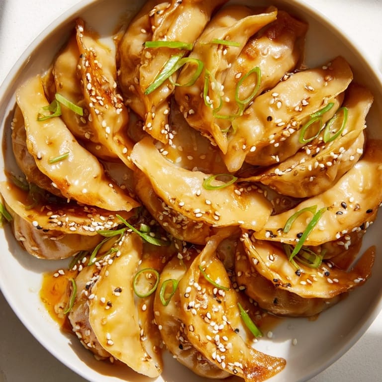 A close-up of air fryer frozen dumplings, showcasing the glistening sesame oil glaze, and inviting aromas.