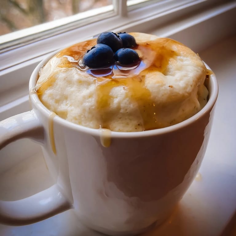 Delicious microwave mug pancakes, made in minutes, with a drizzle of syrup and a perfect quick snack choice.