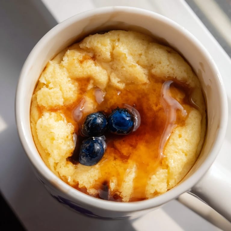 A close-up shot of a microwave mug pancake, warm and inviting, ready for a quick and easy breakfast treat.